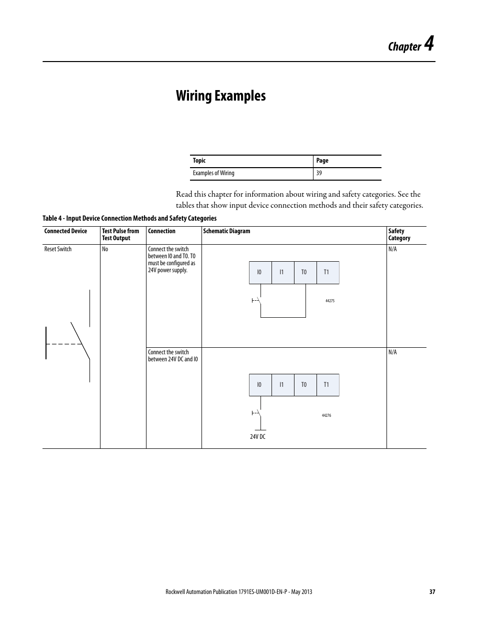 4 - wiring examples, Chapter 4, Wiring examples | Chapter | Rockwell Automation 1791ES-IB16 Guard I/O EtherNet/IP Safety Modules User Manual | Page 37 / 100