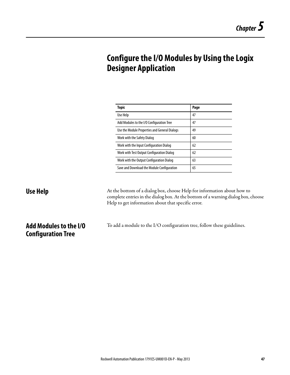 Use help, Add modules to the i/o configuration tree, Chapter 5 | Use help add modules to the i/o configuration tree, Chapter | Rockwell Automation 1791ES-IB16 Guard I/O EtherNet/IP Safety Modules User Manual | Page 47 / 100