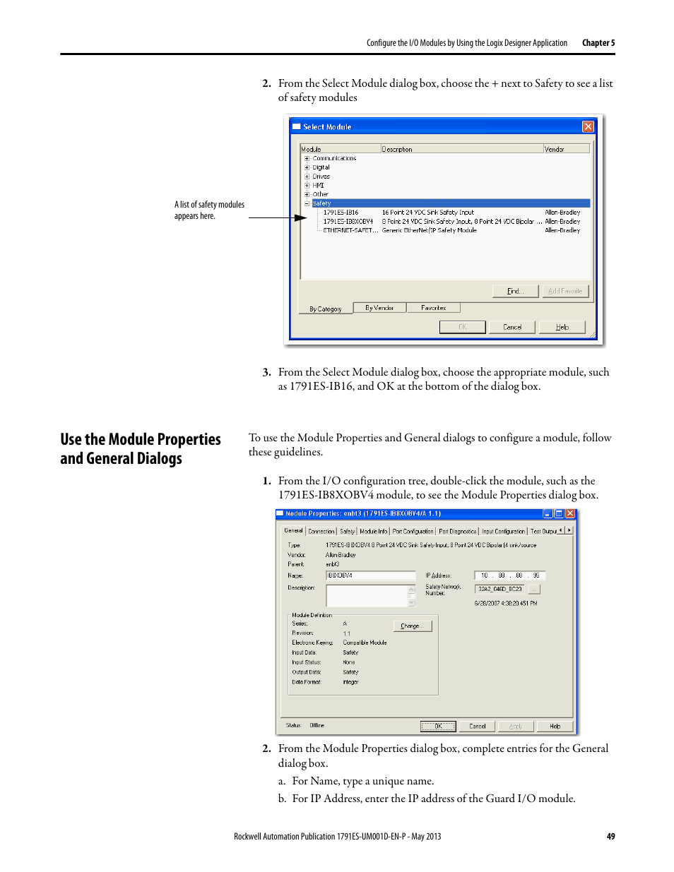 Use the module properties and general dialogs | Rockwell Automation 1791ES-IB16 Guard I/O EtherNet/IP Safety Modules User Manual | Page 49 / 100