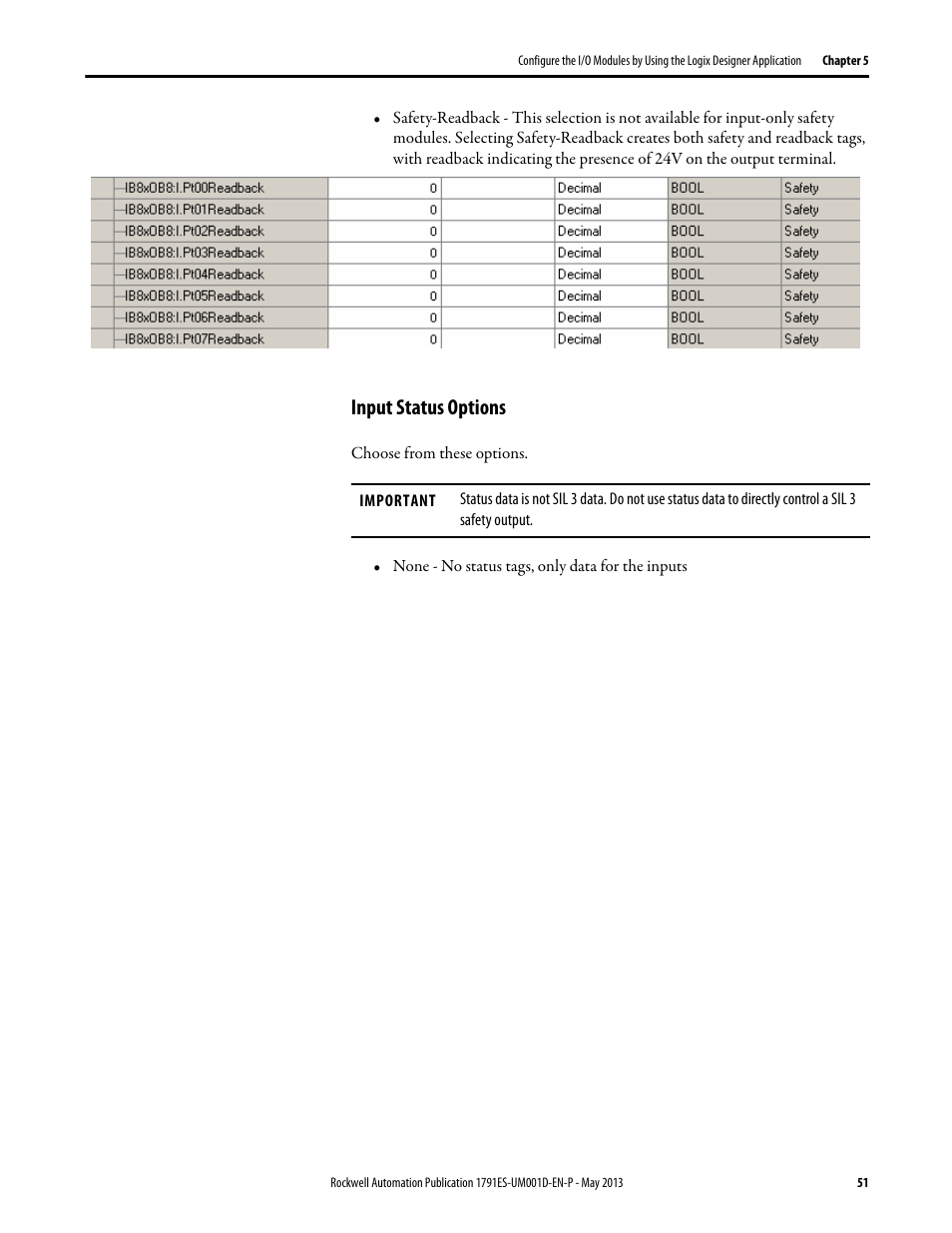 Input status options | Rockwell Automation 1791ES-IB16 Guard I/O EtherNet/IP Safety Modules User Manual | Page 51 / 100