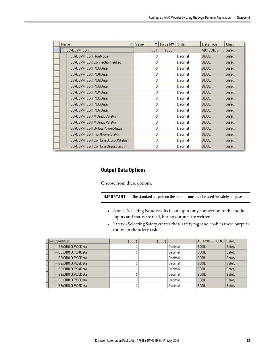 Output data options | Rockwell Automation 1791ES-IB16 Guard I/O EtherNet/IP Safety Modules User Manual | Page 53 / 100