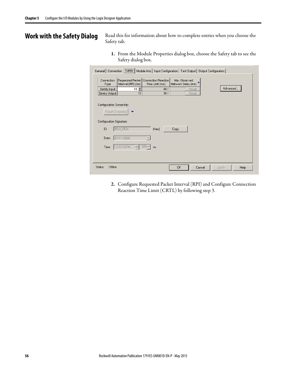 Work with the safety dialog | Rockwell Automation 1791ES-IB16 Guard I/O EtherNet/IP Safety Modules User Manual | Page 56 / 100