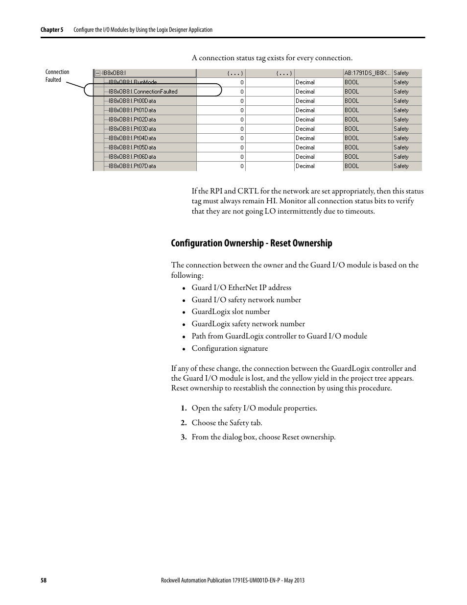 Configuration ownership - reset ownership | Rockwell Automation 1791ES-IB16 Guard I/O EtherNet/IP Safety Modules User Manual | Page 58 / 100