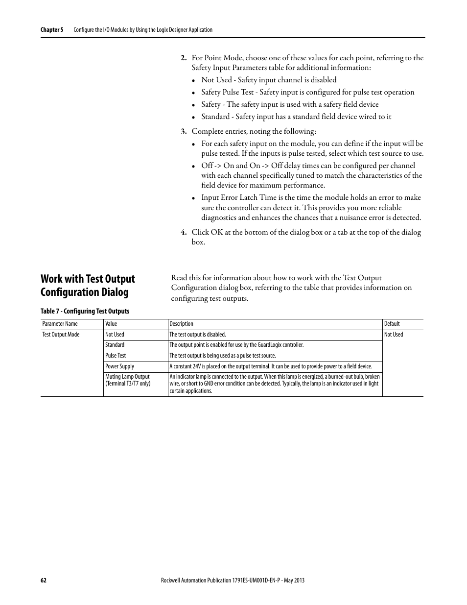 Work with test output configuration dialog | Rockwell Automation 1791ES-IB16 Guard I/O EtherNet/IP Safety Modules User Manual | Page 62 / 100