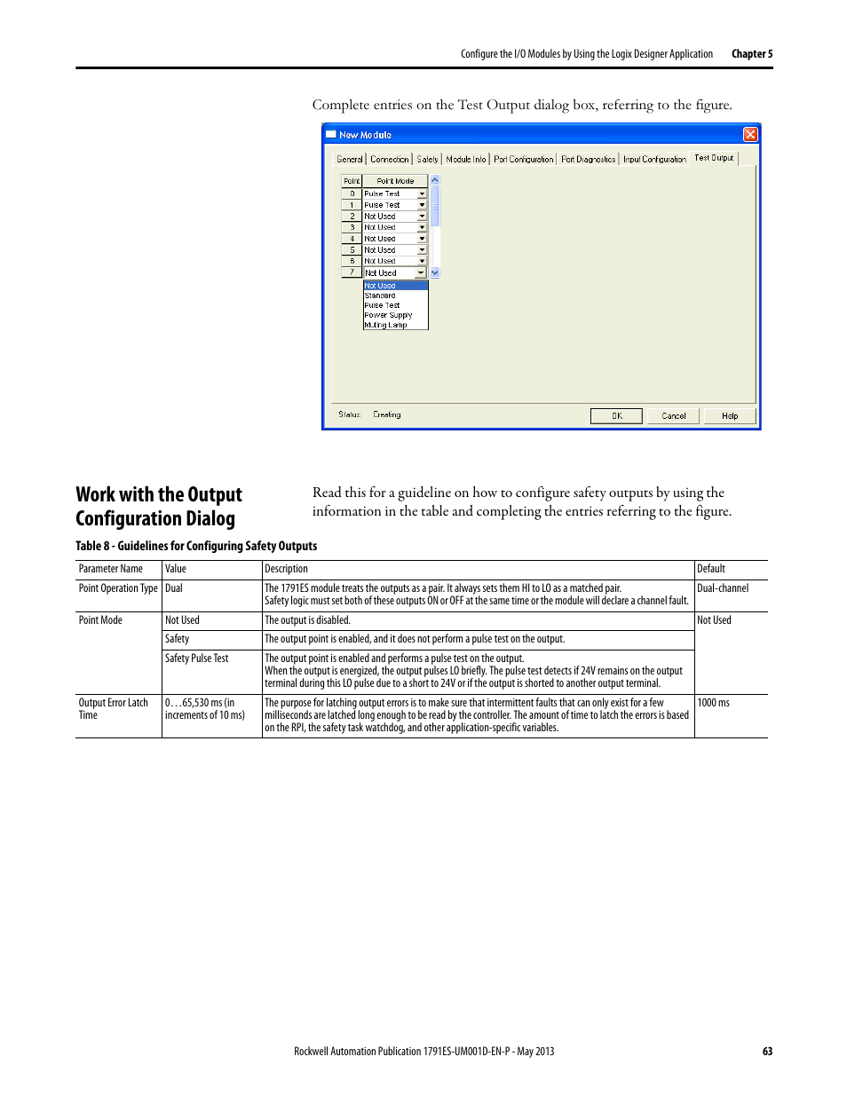 Work with the output configuration dialog | Rockwell Automation 1791ES-IB16 Guard I/O EtherNet/IP Safety Modules User Manual | Page 63 / 100