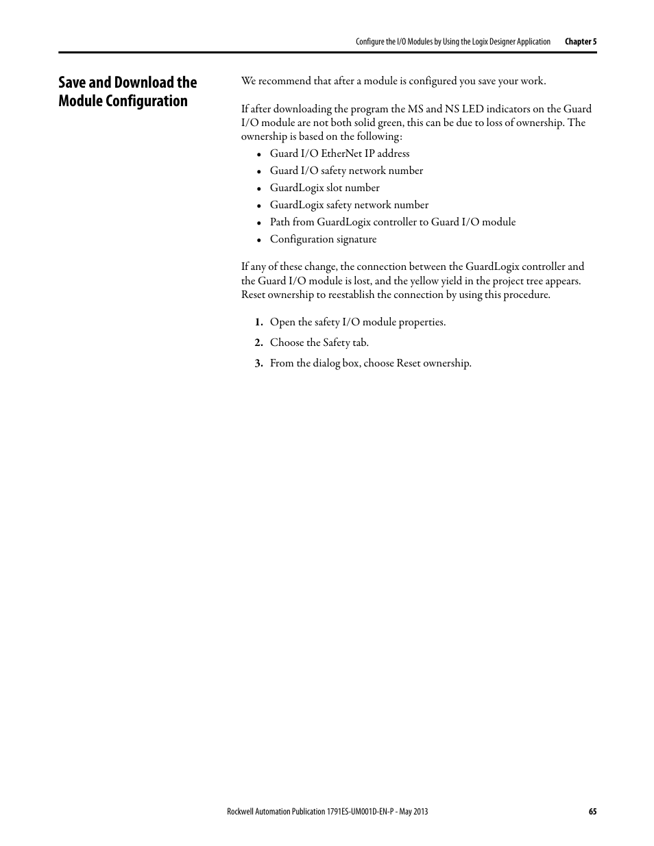 Save and download the module configuration | Rockwell Automation 1791ES-IB16 Guard I/O EtherNet/IP Safety Modules User Manual | Page 65 / 100