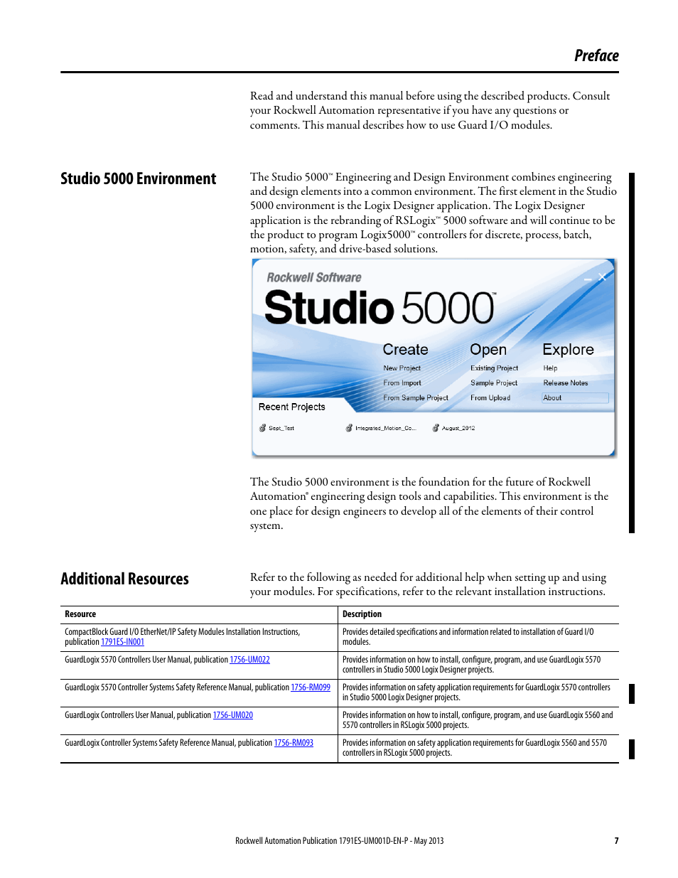 Preface, Studio 5000 environment, Additional resources | Studio 5000 environment additional resources | Rockwell Automation 1791ES-IB16 Guard I/O EtherNet/IP Safety Modules User Manual | Page 7 / 100