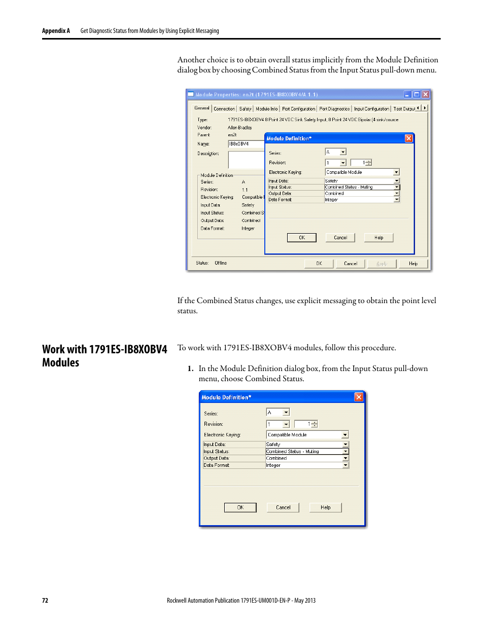 Work with 1791es-ib8xobv4 modules | Rockwell Automation 1791ES-IB16 Guard I/O EtherNet/IP Safety Modules User Manual | Page 72 / 100