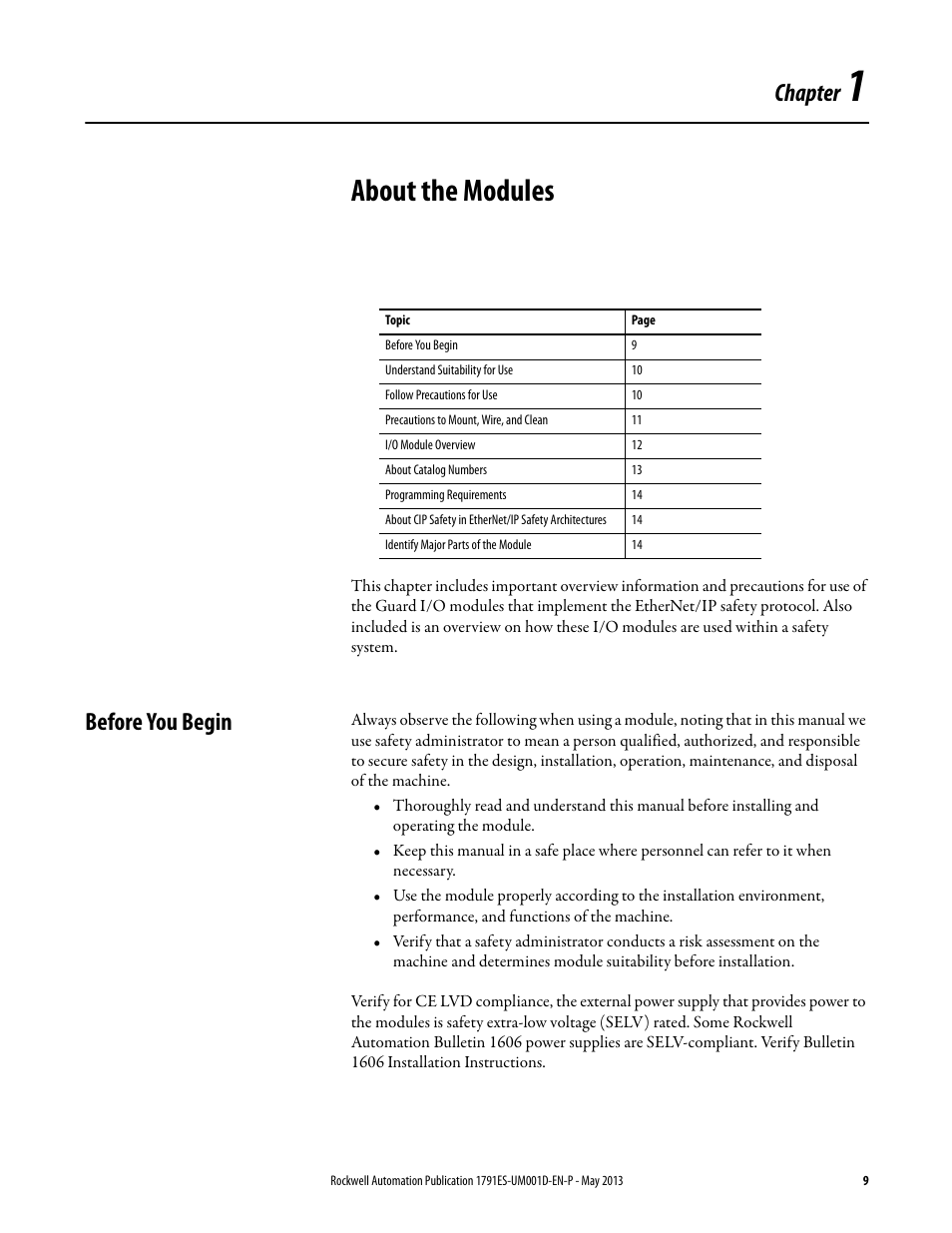 1 - about the modules, Before you begin, Chapter 1 | About the modules, Chapter | Rockwell Automation 1791ES-IB16 Guard I/O EtherNet/IP Safety Modules User Manual | Page 9 / 100