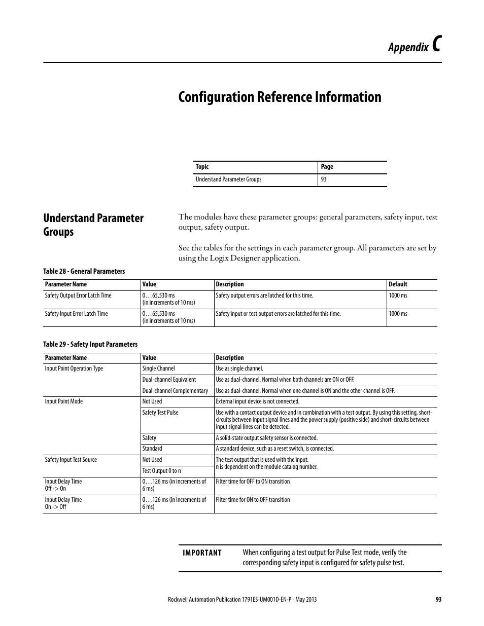C - configuration reference information, Understand parameter groups, Appendix c | Configuration reference information, Appendix | Rockwell Automation 1791ES-IB16 Guard I/O EtherNet/IP Safety Modules User Manual | Page 93 / 100