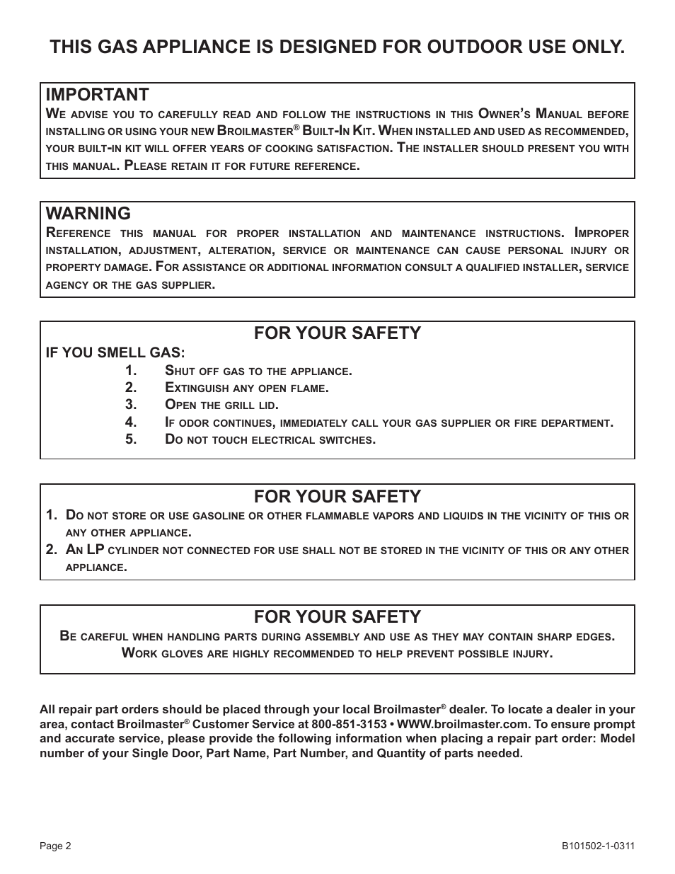 Important, Warning, For your safety | Broilmaster BRB-1 User Manual | Page 2 / 28