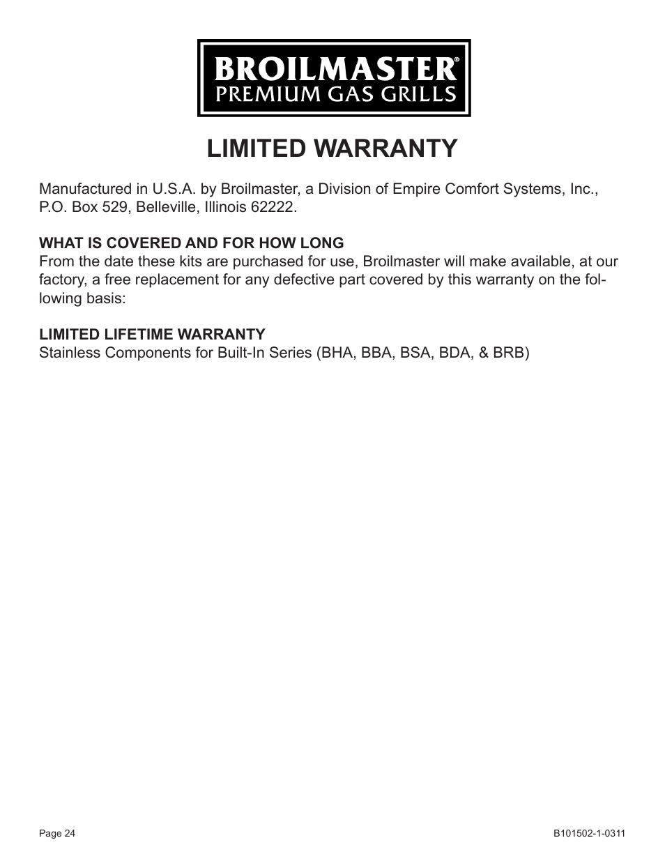 Limited warranty | Broilmaster BRB-1 User Manual | Page 24 / 28