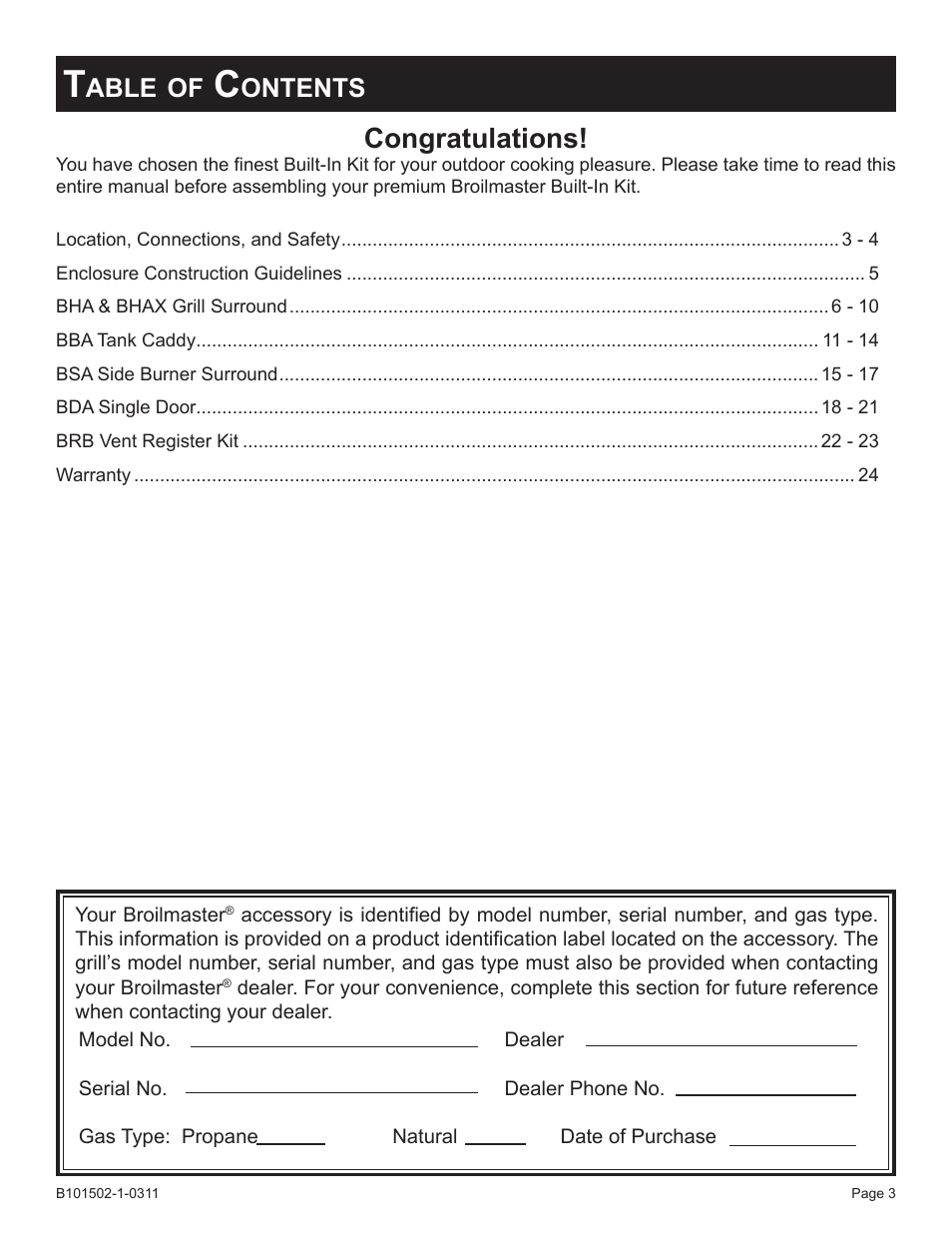 Able, Ontents | Broilmaster BRB-1 User Manual | Page 3 / 28