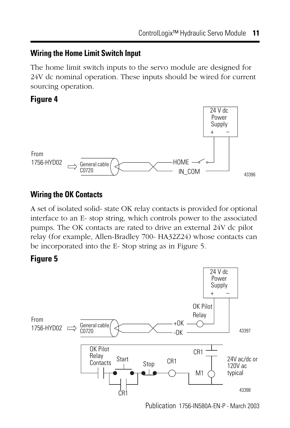 Wiring the home limit switch input, Figure 4 wiring the ok contacts, Figure 5 | Rockwell Automation 1756-HYD02 ControlLogix Hydraulic Servo Module User Manual | Page 11 / 24
