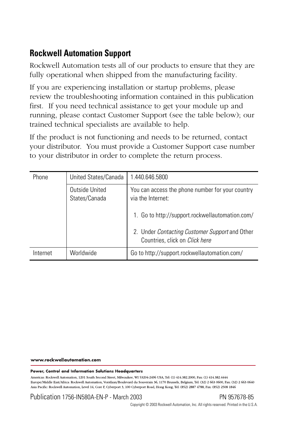 Back cover, Rockwell automation support | Rockwell Automation 1756-HYD02 ControlLogix Hydraulic Servo Module User Manual | Page 24 / 24