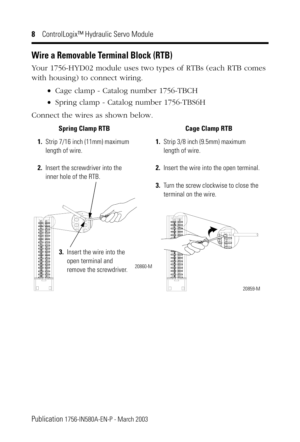 Wire a removable terminal block (rtb) | Rockwell Automation 1756-HYD02 ControlLogix Hydraulic Servo Module User Manual | Page 8 / 24
