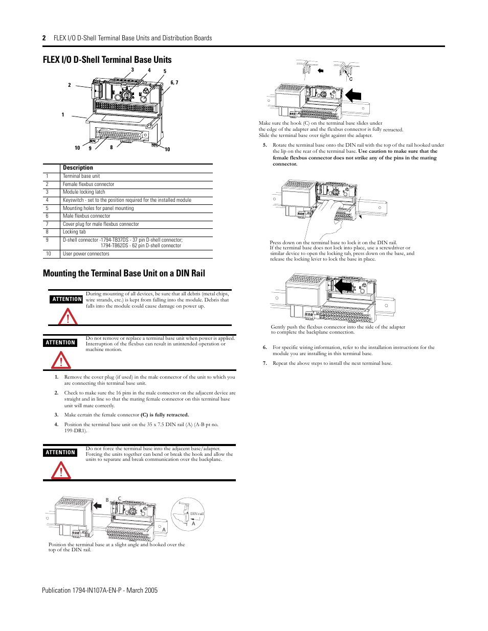 Mounting the terminal base unit on a din rail | Rockwell Automation 1794-TB62DS, 1794-TB37DS, 1794-TB62EXD4X15, 1794-TB37EXD4CM8, 1794-TB37EXD4VM8 FLEX I/O D-Shell Terminal Base Units User Manual | Page 2 / 6