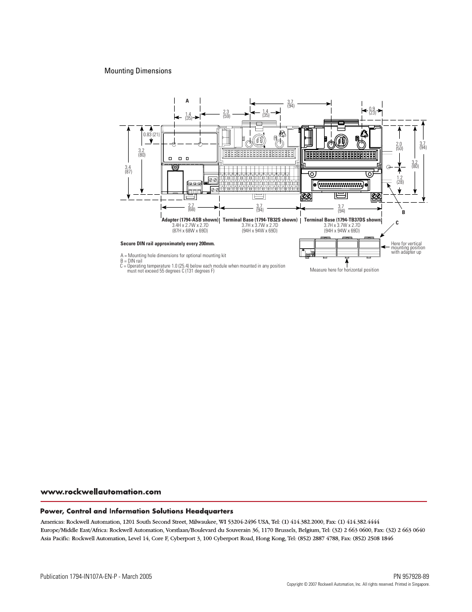 Back cover, Mounting dimensions | Rockwell Automation 1794-TB62DS, 1794-TB37DS, 1794-TB62EXD4X15, 1794-TB37EXD4CM8, 1794-TB37EXD4VM8 FLEX I/O D-Shell Terminal Base Units User Manual | Page 6 / 6
