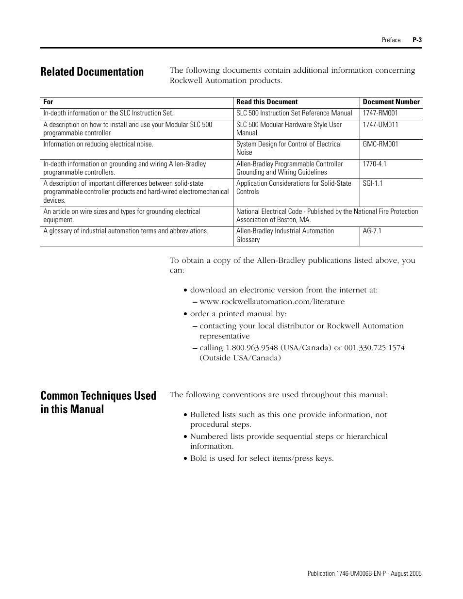 Related documentation, Common techniques used in this manual | Rockwell Automation 1746-HSCE,D17466.5 High-Speed Counter Module User Manual | Page 11 / 183