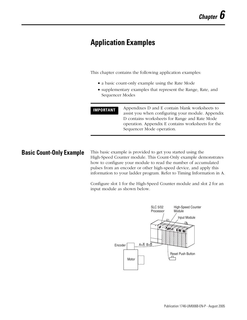 Chapter 6 - application examples, Basic count-only example, Chapter 6 | Application examples, Basic count-only example -1, Chapter | Rockwell Automation 1746-HSCE,D17466.5 High-Speed Counter Module User Manual | Page 113 / 183