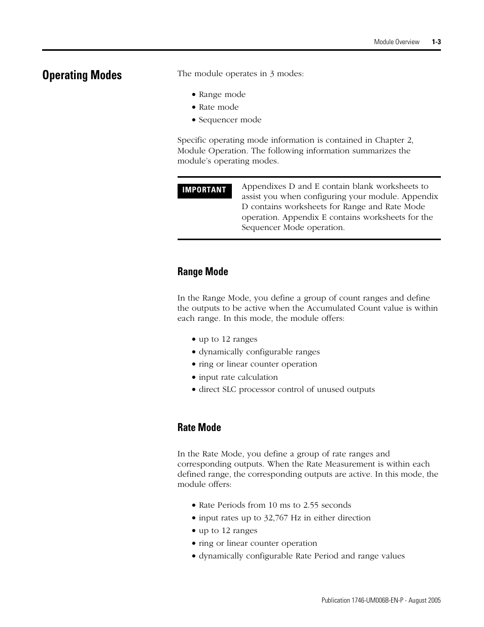 Operating modes, Range mode, Rate mode | Operating modes -3, Range mode -3 rate mode -3 | Rockwell Automation 1746-HSCE,D17466.5 High-Speed Counter Module User Manual | Page 15 / 183