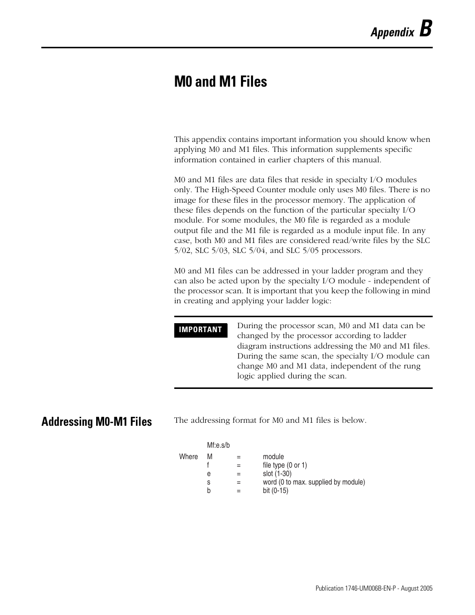 Appendix b - m0 and m1 files, Addressing m0-m1 files, Appendix b | M0 and m1 files, Appendix | Rockwell Automation 1746-HSCE,D17466.5 High-Speed Counter Module User Manual | Page 155 / 183