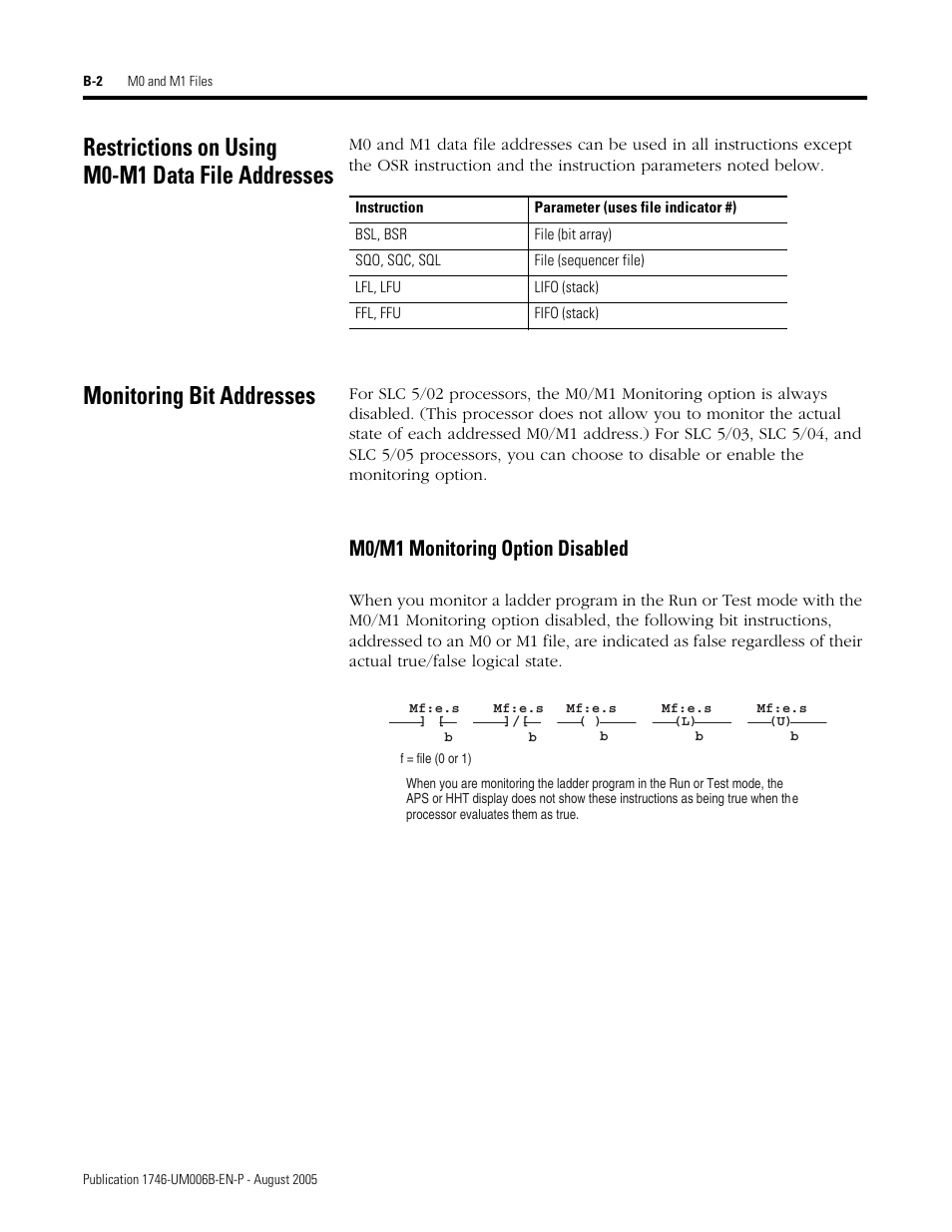 Restrictions on using m0-m1 data file addresses, Monitoring bit addresses, M0/m1 monitoring option disabled | Rockwell Automation 1746-HSCE,D17466.5 High-Speed Counter Module User Manual | Page 156 / 183