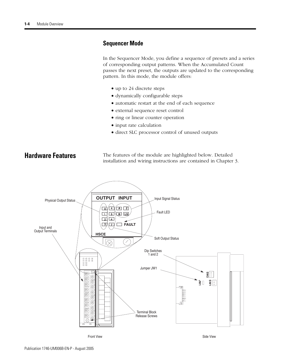 Sequencer mode, Hardware features, Sequencer mode -4 | Hardware features -4 | Rockwell Automation 1746-HSCE,D17466.5 High-Speed Counter Module User Manual | Page 16 / 183