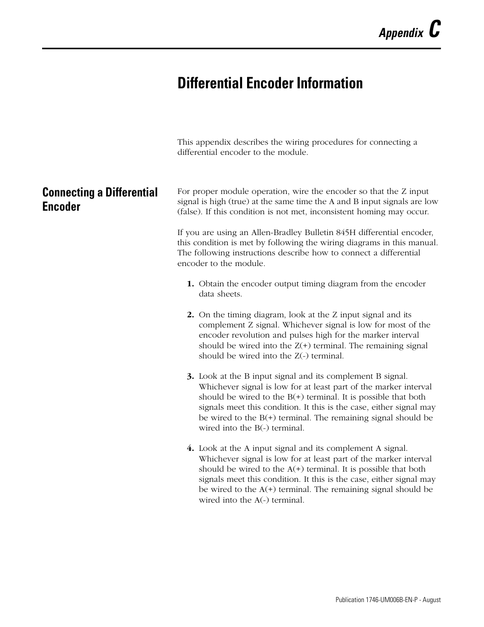 Appendix c - differential encoder information, Connecting a differential encoder, Appendix c | Differential encoder information, Appendix | Rockwell Automation 1746-HSCE,D17466.5 High-Speed Counter Module User Manual | Page 163 / 183