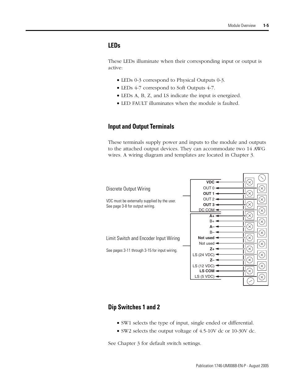 Leds, Input and output terminals, Dip switches 1 and 2 | Rockwell Automation 1746-HSCE,D17466.5 High-Speed Counter Module User Manual | Page 17 / 183
