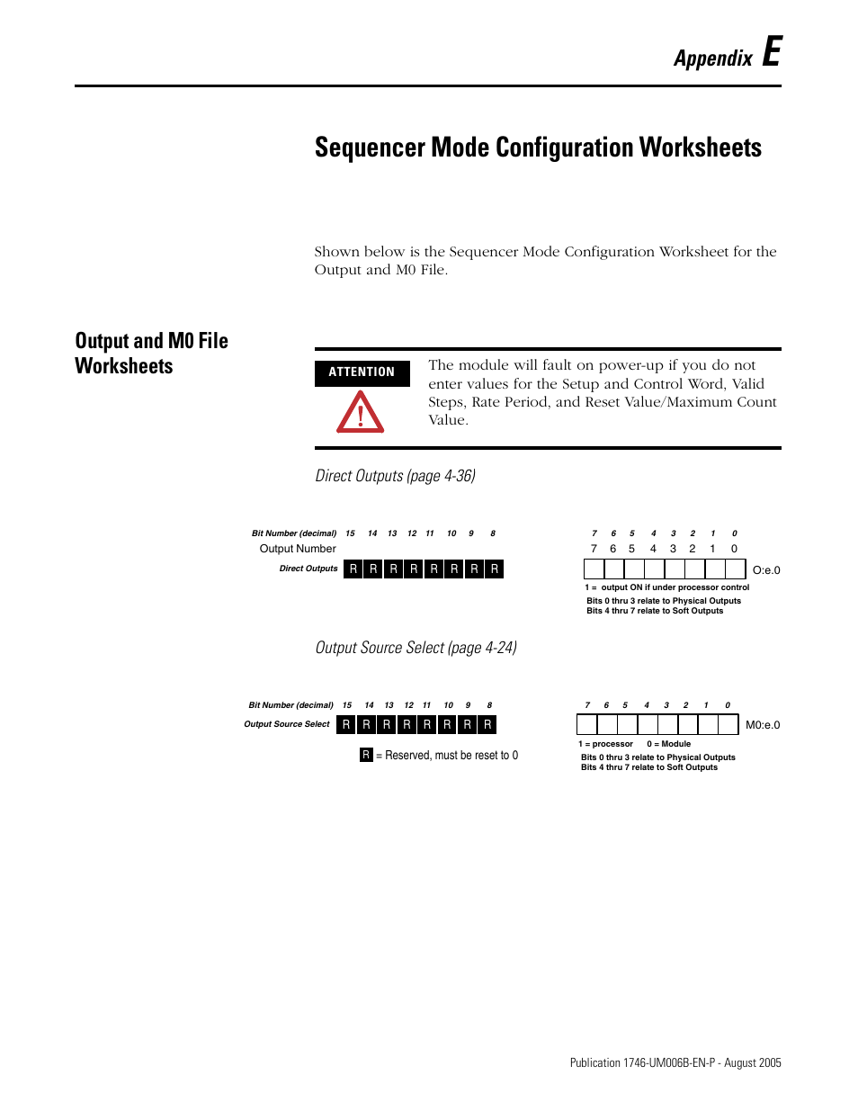 Output and m0 file worksheets, Appendix e, Sequencer mode configuration worksheets | Appendix | Rockwell Automation 1746-HSCE,D17466.5 High-Speed Counter Module User Manual | Page 171 / 183