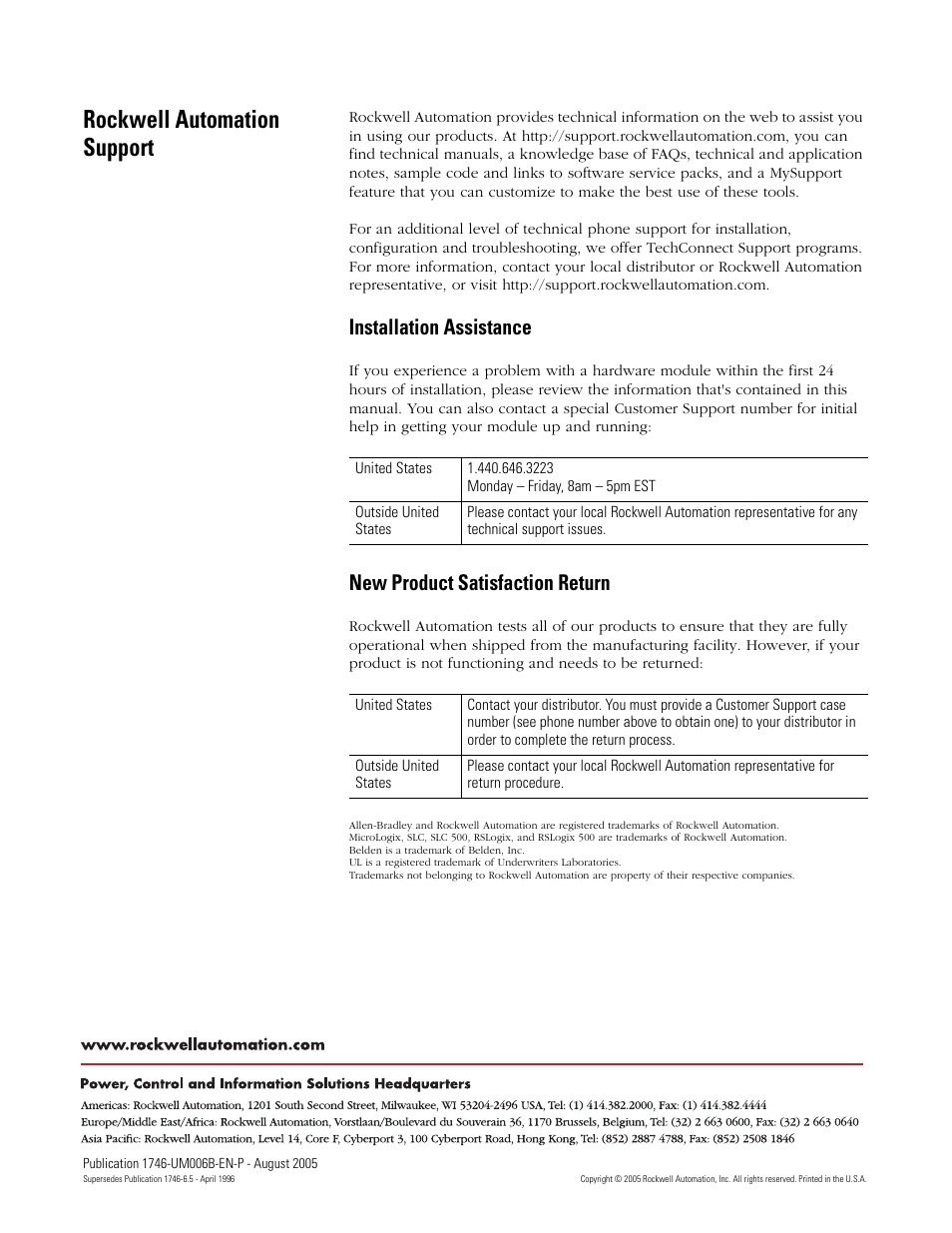 Installation assistance, New product satisfaction return, Back cover | Rockwell automation support | Rockwell Automation 1746-HSCE,D17466.5 High-Speed Counter Module User Manual | Page 183 / 183