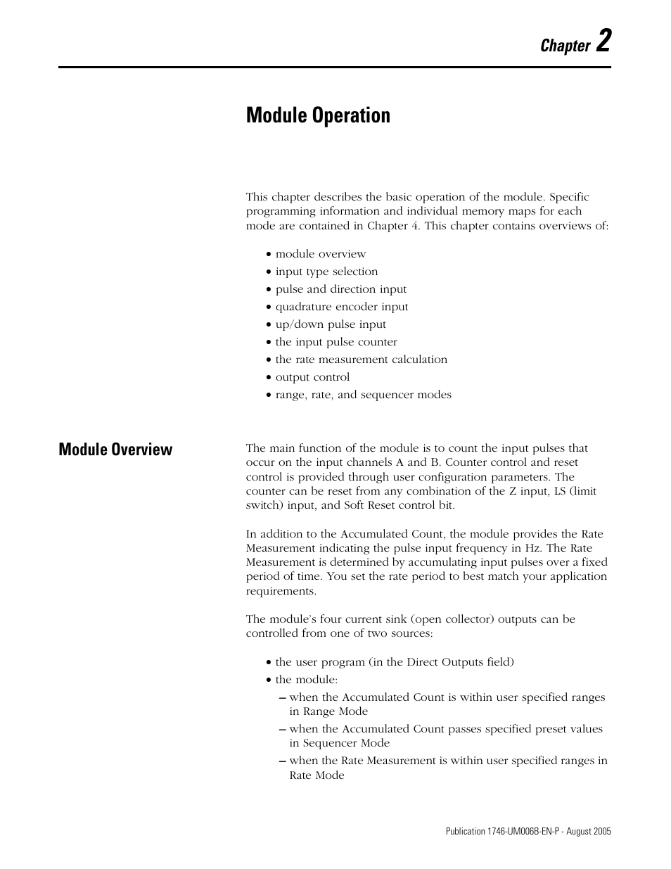 Chapter 2 - module operation, Module overview, Chapter 2 | Module operation, Module overview -1, Chapter | Rockwell Automation 1746-HSCE,D17466.5 High-Speed Counter Module User Manual | Page 19 / 183