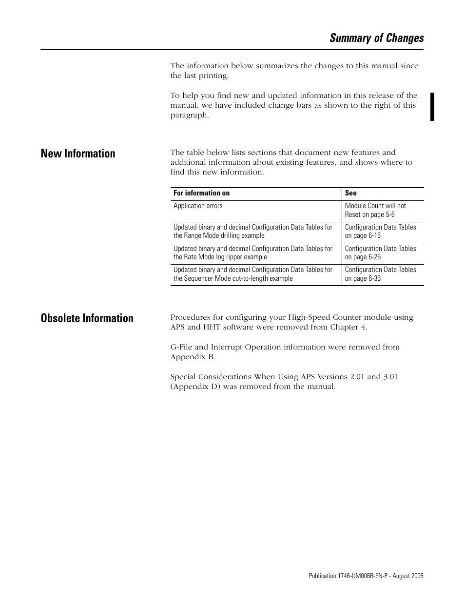 Summary of changes, New information, Obsolete information | Rockwell Automation 1746-HSCE,D17466.5 High-Speed Counter Module User Manual | Page 3 / 183