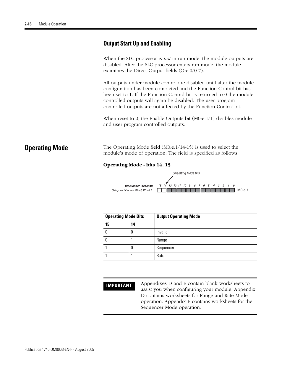 Output start up and enabling, Operating mode, Output start up and enabling -16 | Operating mode -16 | Rockwell Automation 1746-HSCE,D17466.5 High-Speed Counter Module User Manual | Page 34 / 183