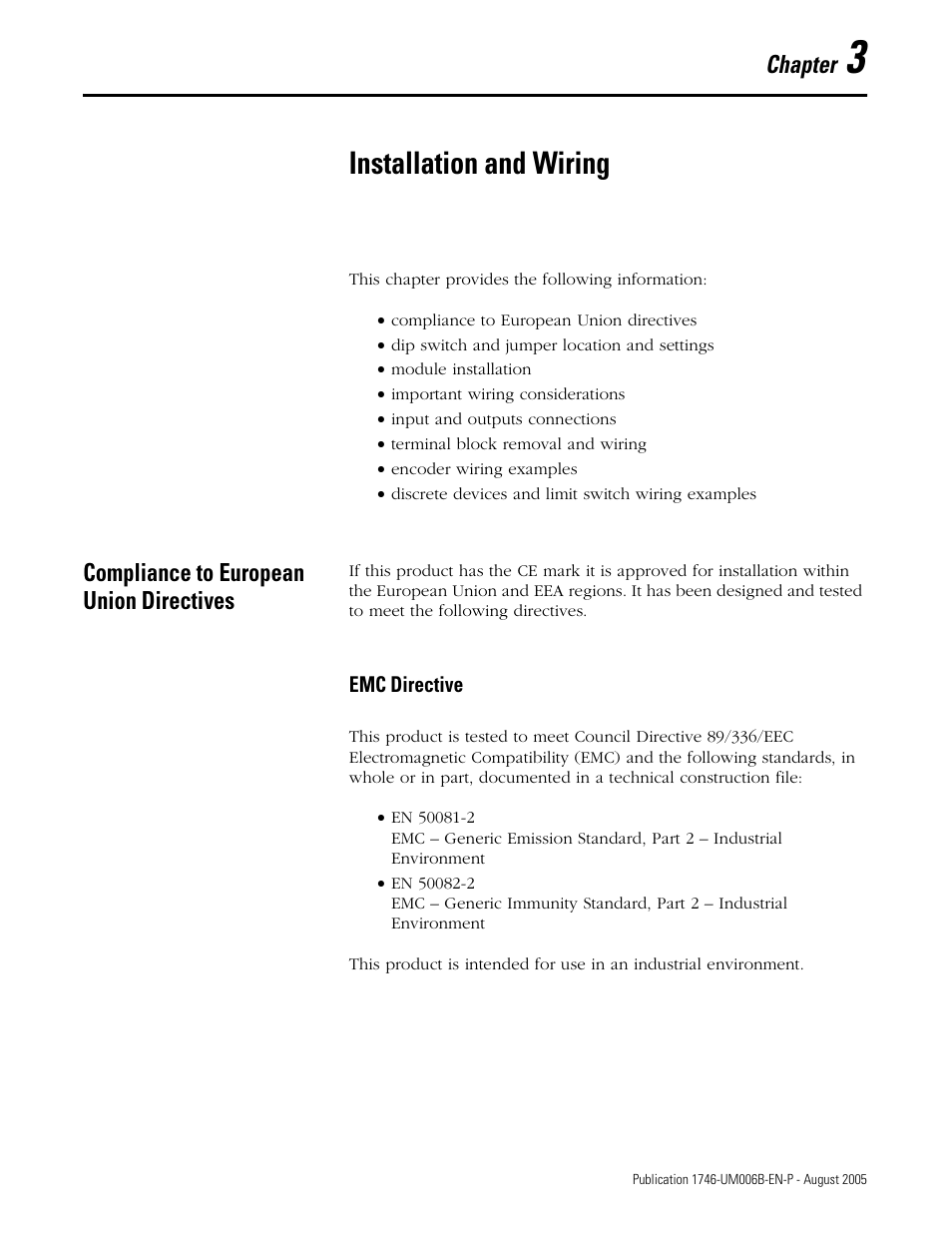 Chapter 3 - installation and wiring, Compliance to european union directives, Emc directive | Chapter 3, Installation and wiring, Compliance to european union directives -1, Emc directive -1, Chapter | Rockwell Automation 1746-HSCE,D17466.5 High-Speed Counter Module User Manual | Page 45 / 183