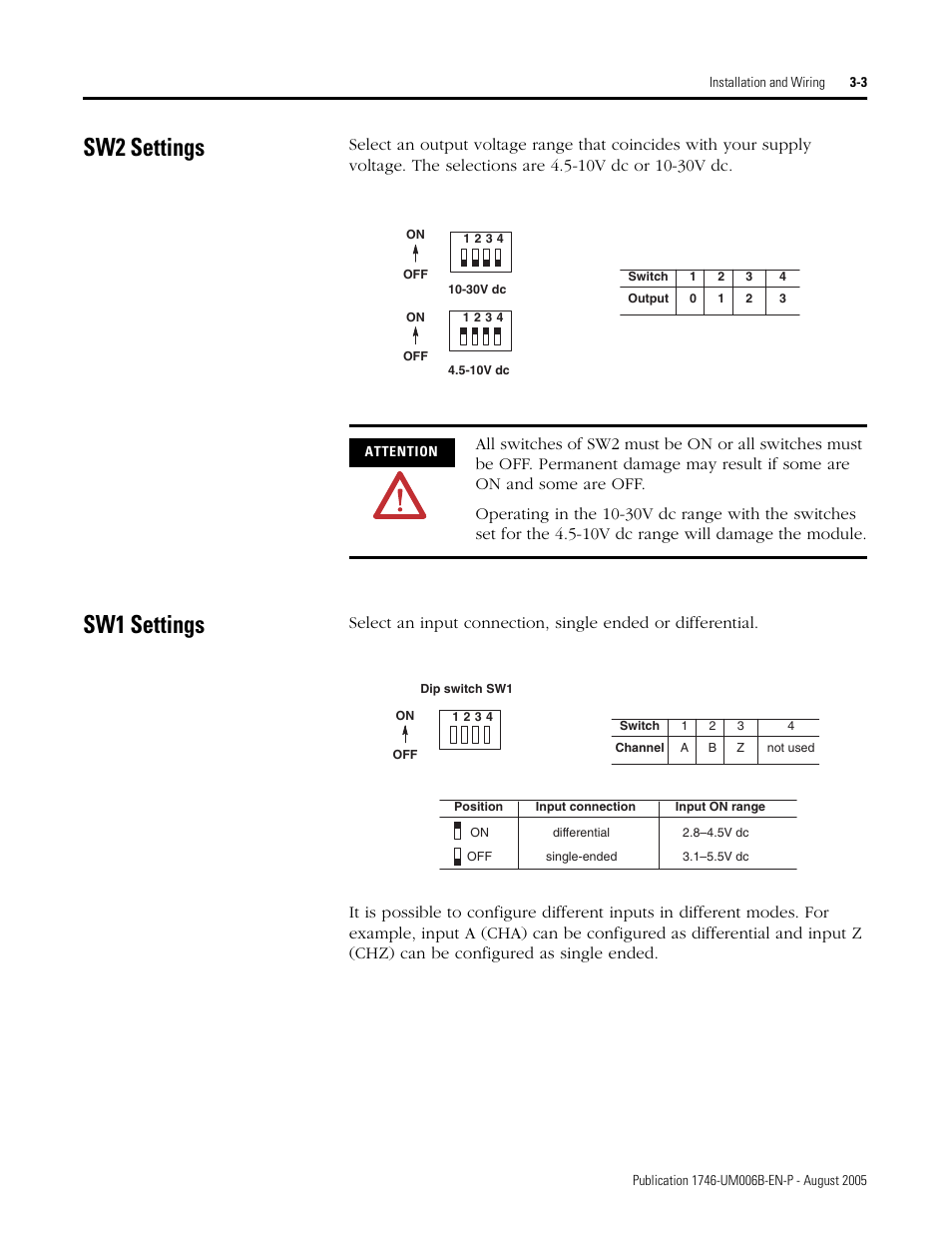 Sw2 settings, Sw1 settings, Sw2 settings -3 sw1 settings -3 | Rockwell Automation 1746-HSCE,D17466.5 High-Speed Counter Module User Manual | Page 47 / 183