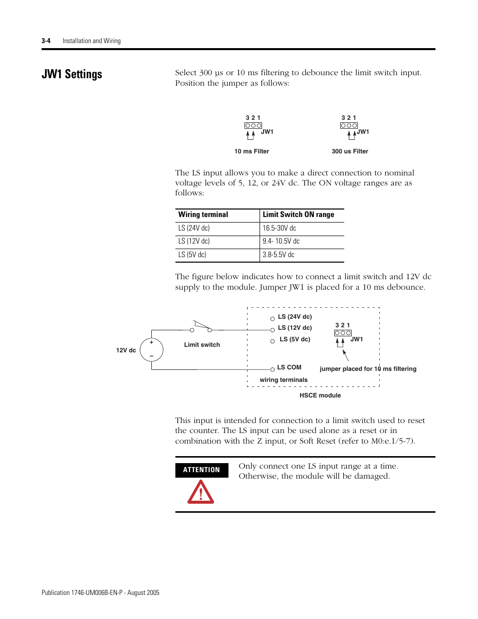 Jw1 settings, Jw1 settings -4 | Rockwell Automation 1746-HSCE,D17466.5 High-Speed Counter Module User Manual | Page 48 / 183