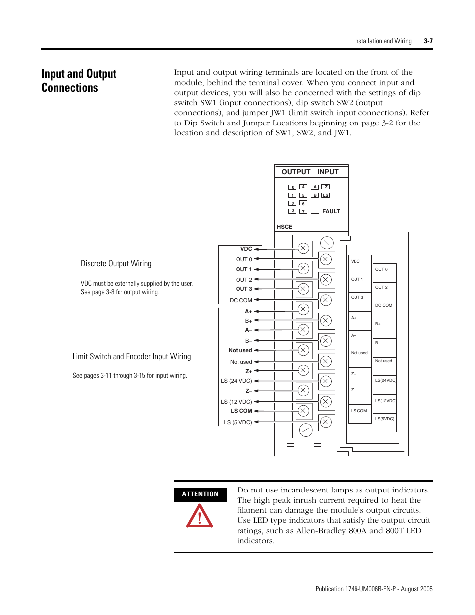 Input and output connections, Input and output connections -7, Discrete output wiring | Limit switch and encoder input wiring, Output input | Rockwell Automation 1746-HSCE,D17466.5 High-Speed Counter Module User Manual | Page 51 / 183