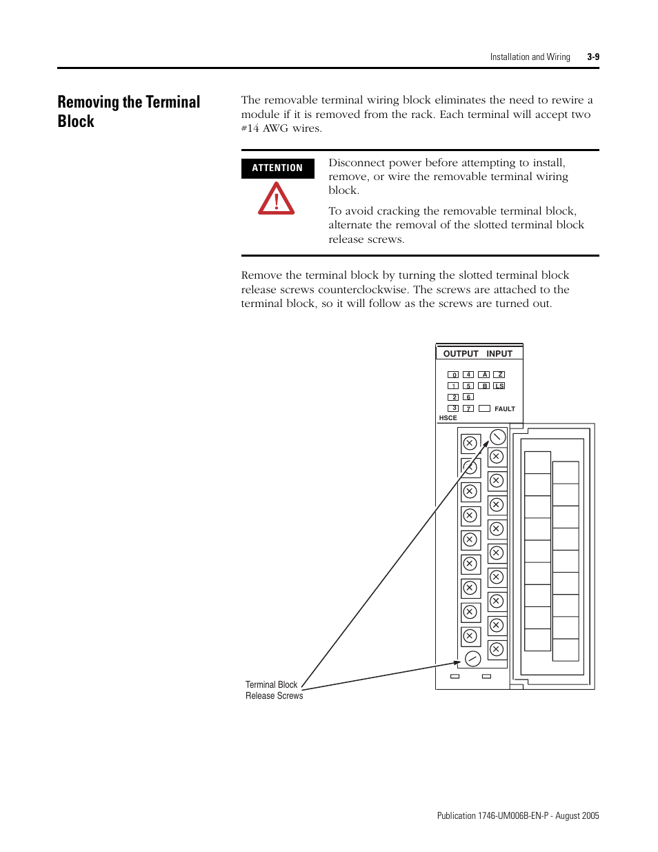 Removing the terminal block, Removing the terminal block -9 | Rockwell Automation 1746-HSCE,D17466.5 High-Speed Counter Module User Manual | Page 53 / 183