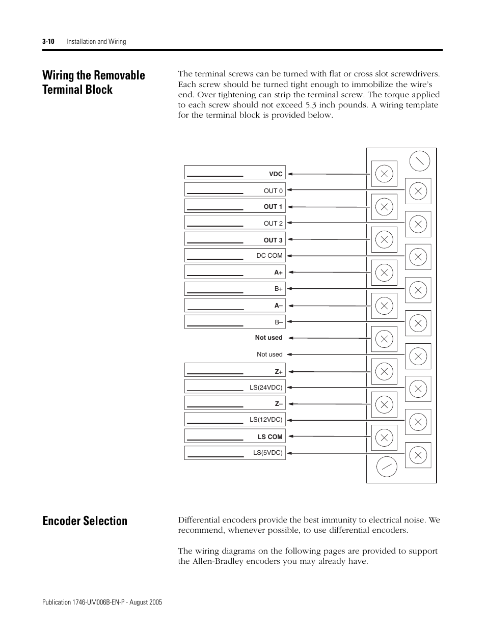 Wiring the removable terminal block, Encoder selection | Rockwell Automation 1746-HSCE,D17466.5 High-Speed Counter Module User Manual | Page 54 / 183