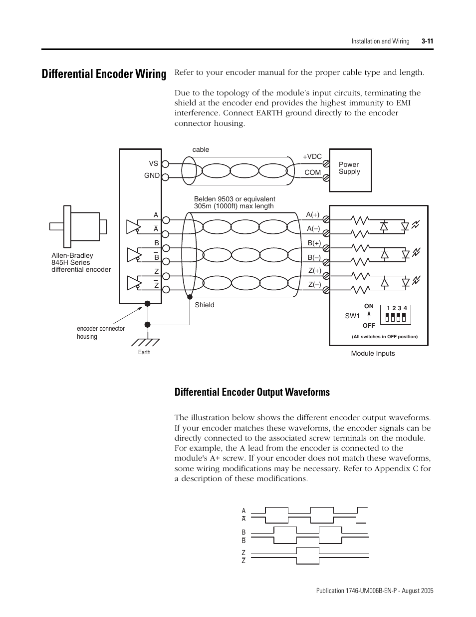 Differential encoder wiring, Differential encoder output waveforms, Differential encoder wiring -11 | Differential encoder output waveforms -11, S 3-11 | Rockwell Automation 1746-HSCE,D17466.5 High-Speed Counter Module User Manual | Page 55 / 183