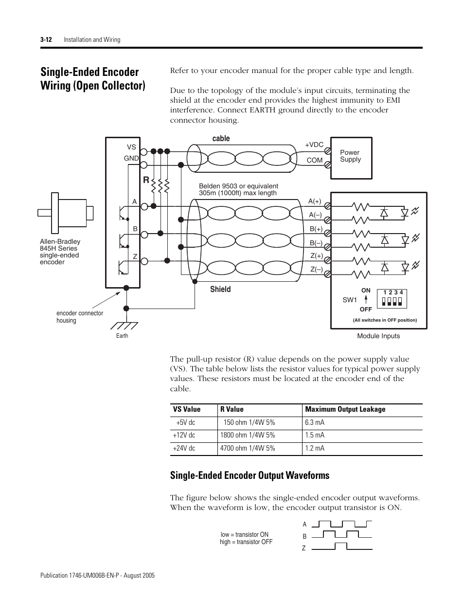 Single-ended encoder wiring (open collector), Single-ended encoder output waveforms, Single-ended encoder wiring (open collector) -12 | Single-ended encoder output waveforms -12 | Rockwell Automation 1746-HSCE,D17466.5 High-Speed Counter Module User Manual | Page 56 / 183