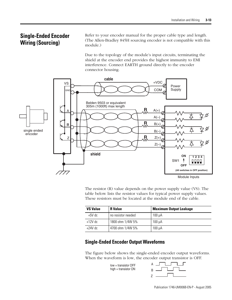 Single-ended encoder wiring (sourcing), Single-ended encoder output waveforms, Single-ended encoder wiring (sourcing) -13 | Single-ended encoder output waveforms -13 | Rockwell Automation 1746-HSCE,D17466.5 High-Speed Counter Module User Manual | Page 57 / 183