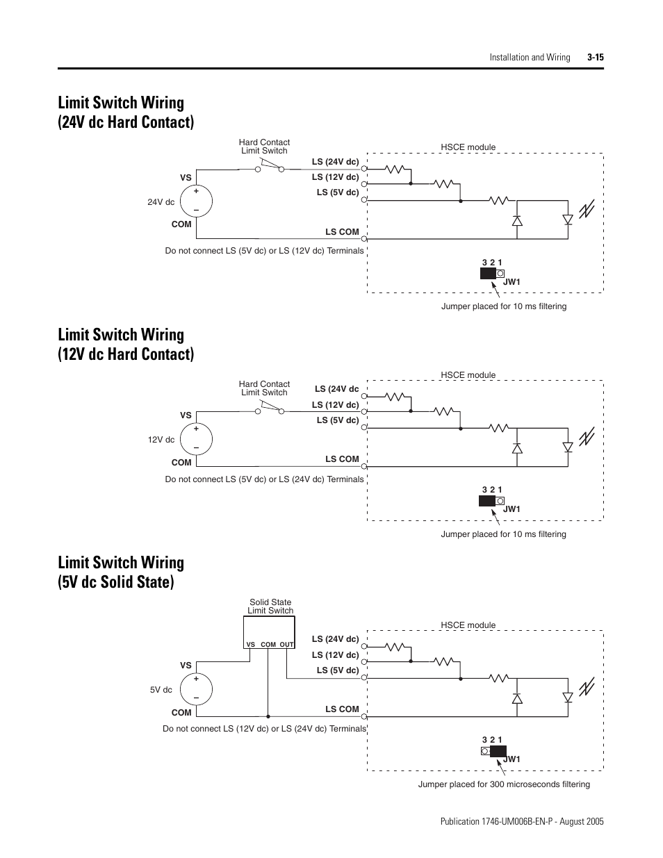 Limit switch wiring (24v dc hard contact), Limit switch wiring (12v dc hard contact), Limit switch wiring (5v dc solid state) | Ugh 3-15 | Rockwell Automation 1746-HSCE,D17466.5 High-Speed Counter Module User Manual | Page 59 / 183