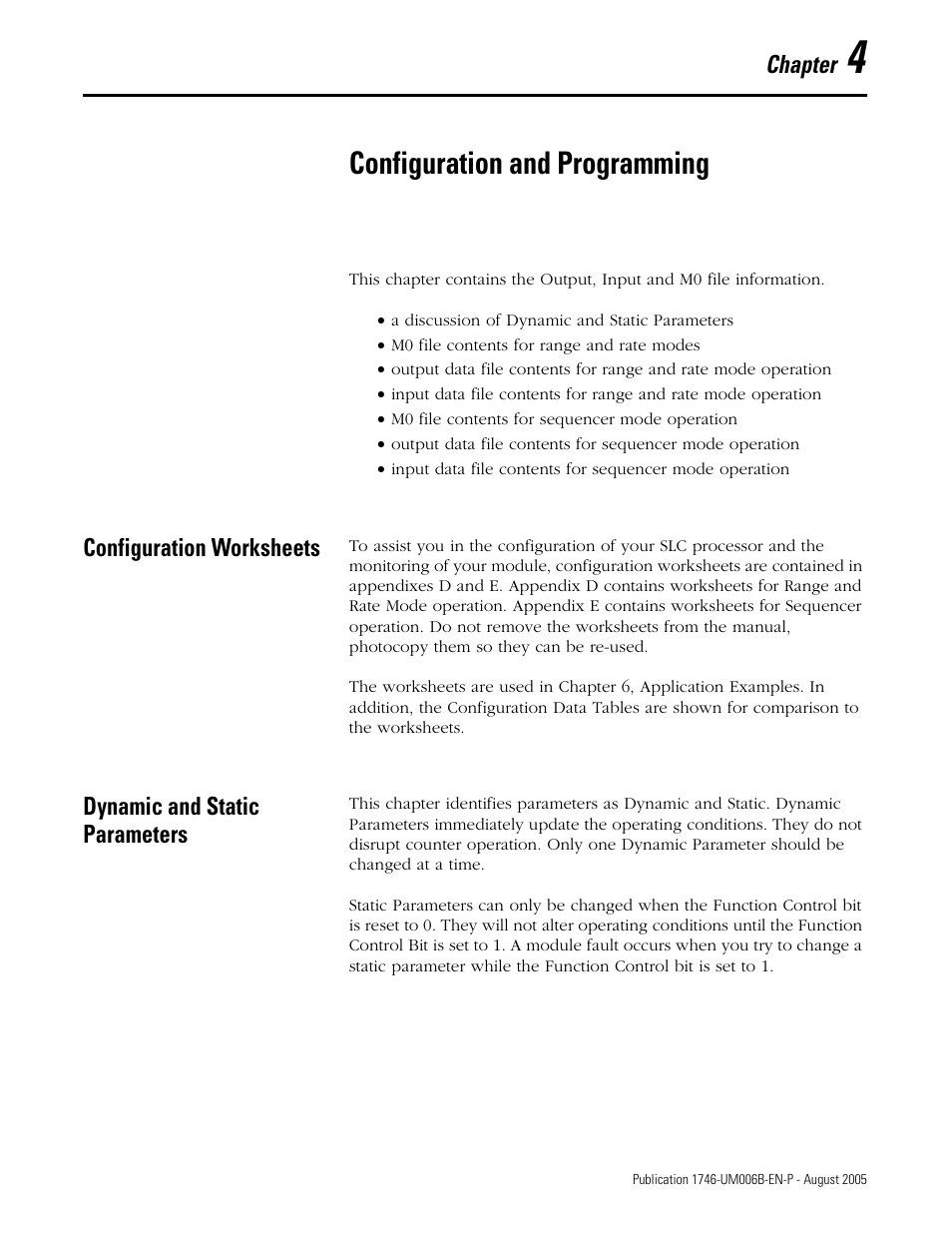 Chapter 4 - configuration and programming, Configuration worksheets, Dynamic and static parameters | Chapter 4, Configuration and programming, Chapter | Rockwell Automation 1746-HSCE,D17466.5 High-Speed Counter Module User Manual | Page 61 / 183