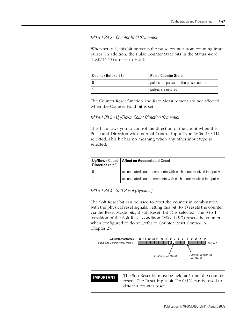 M0:e.1 bit 2 - counter hold (dynamic), M0:e.1 bit 3 - up/down count direction (dynamic), M0:e.1 bit 4 - soft reset (dynamic) | Rockwell Automation 1746-HSCE,D17466.5 High-Speed Counter Module User Manual | Page 87 / 183