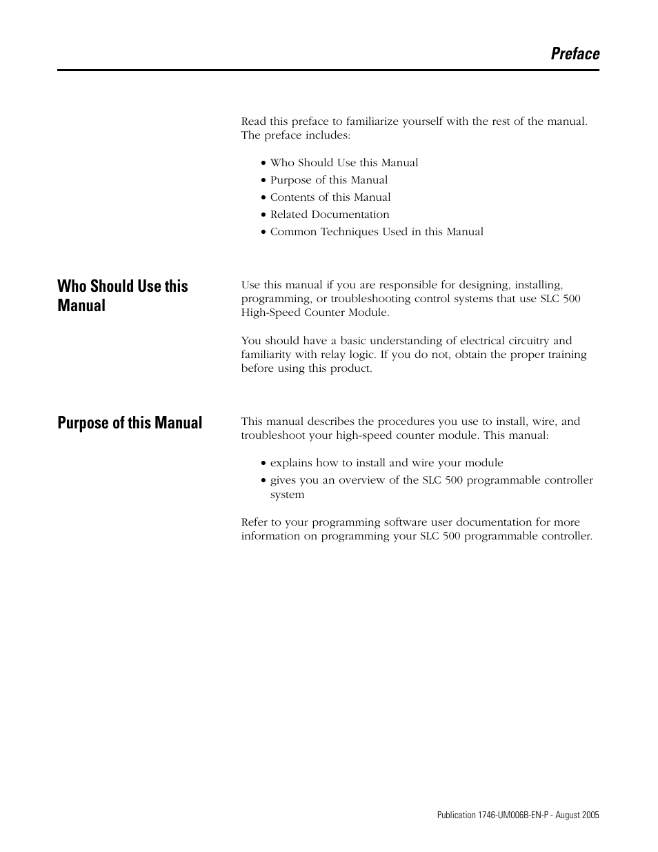 Preface, Who should use this manual, Purpose of this manual | Rockwell Automation 1746-HSCE,D17466.5 High-Speed Counter Module User Manual | Page 9 / 183