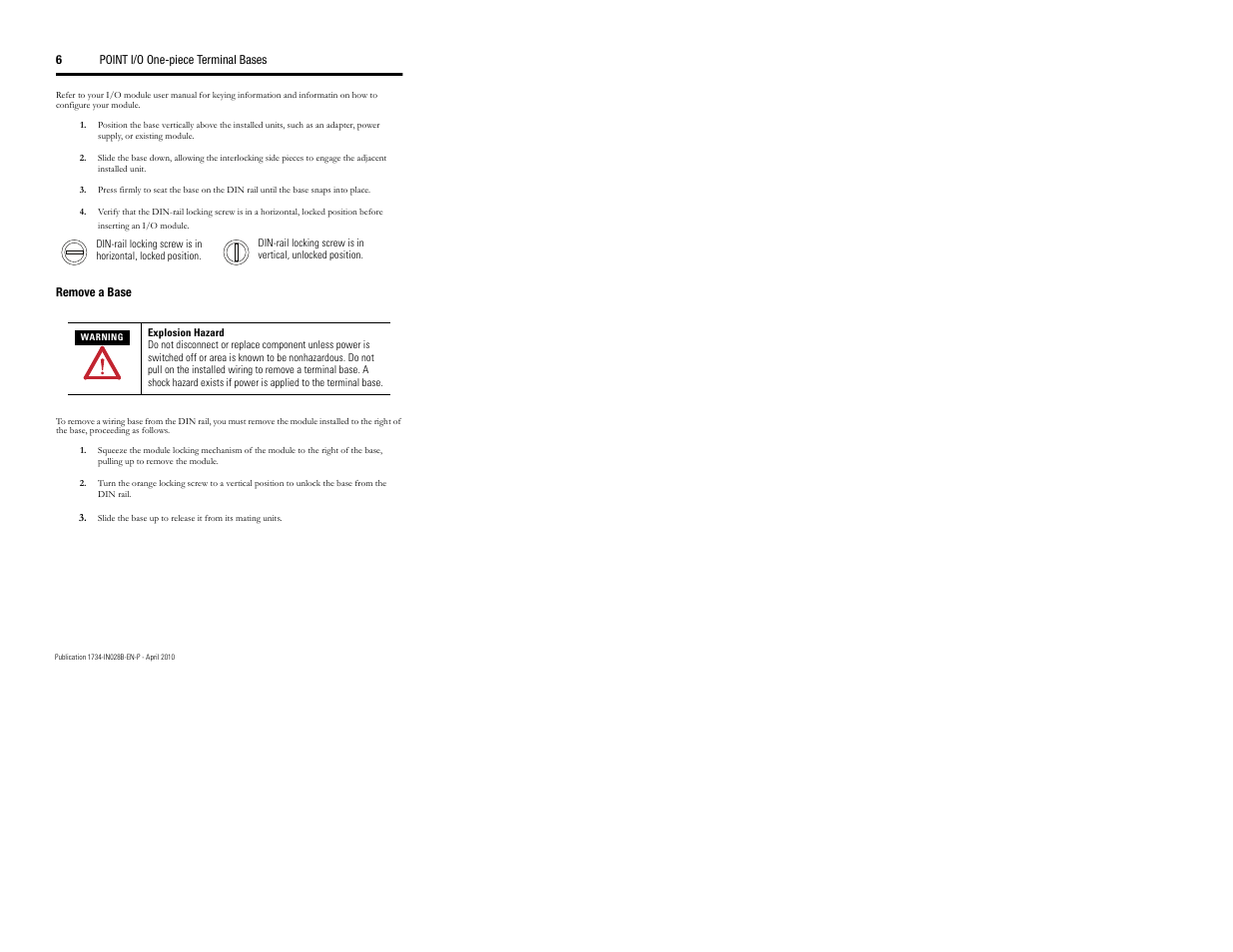 Remove a base | Rockwell Automation 1734-TOP_TOPS_TOP3_TOP3S Point I/O Terminal Base Installation Instructions User Manual | Page 6 / 12