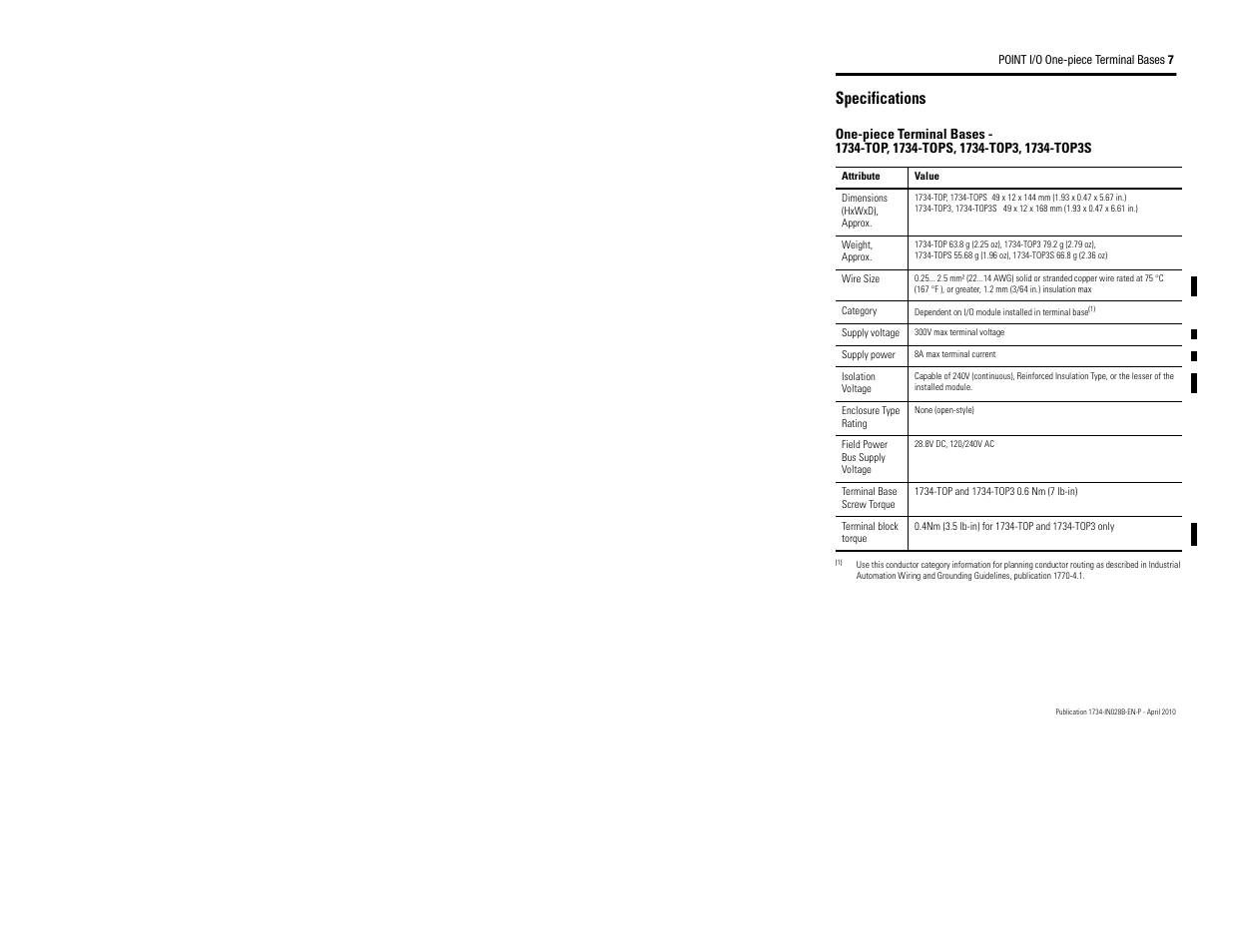 Specifications | Rockwell Automation 1734-TOP_TOPS_TOP3_TOP3S Point I/O Terminal Base Installation Instructions User Manual | Page 7 / 12